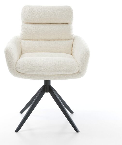 DELIFE Jídelní židle Abelia-Flex s područkami bouclé bílá křížová podnož široká černá otočná 360° houpací funkce