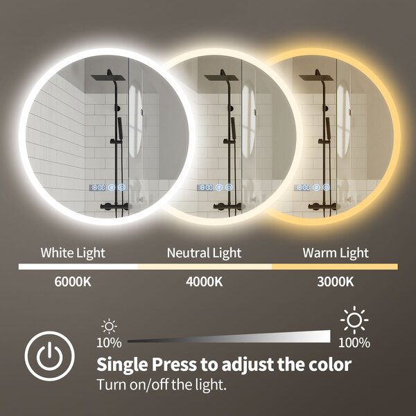 Erga Deam, kulaté LED zrcadlo 120cm, 3 barvy světla, přední osvětlení, vyhřívací podložka proti zapaření, ERG-V01-Deam-1212-CL