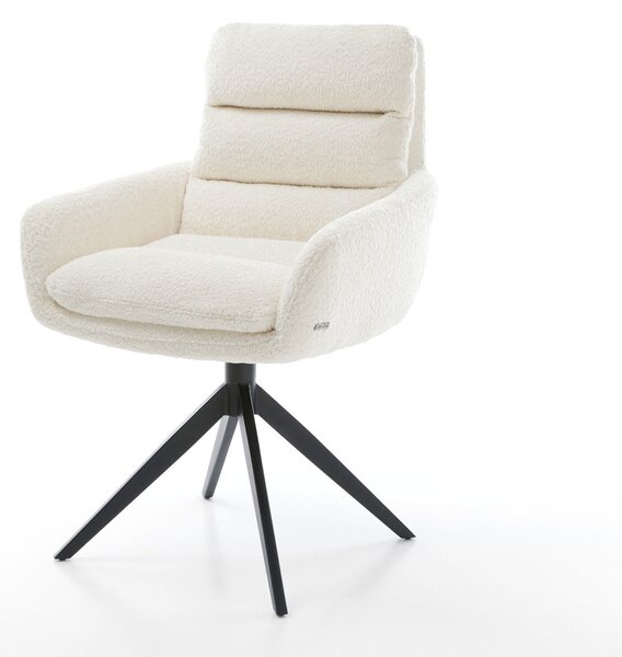 DELIFE Jídelní židle Abelia-Flex s područkami bouclé bílá křížová podnož široká černá otočná 360° houpací funkce
