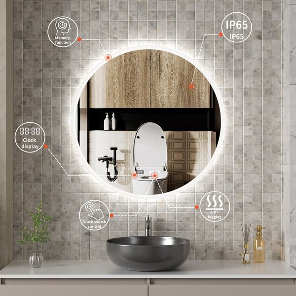 Erga Deam, kulaté LED zrcadlo 120cm, 3 barvy světla, přední osvětlení, vyhřívací podložka proti zapaření, ERG-V01-Deam-1212-CL