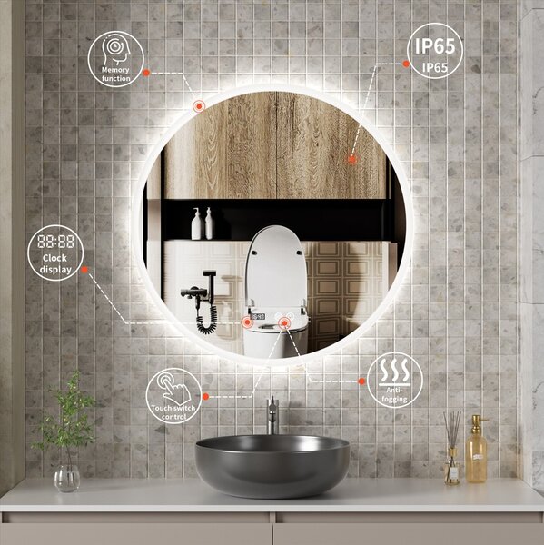 Erga Deam, kulaté LED zrcadlo 50cm, 3 barvy světla, přední osvětlení, vyhřívací podložka proti zapaření, ERG-V01-Deam-5050-CL