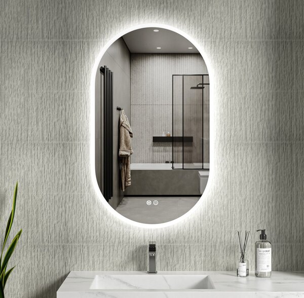 Erga Demi, oválné LED zrcadlo 60x100cm, 3 barvy světla, přední osvětlení, topná podložka proti zapaření, ERG-V01-Demi-6010-CL