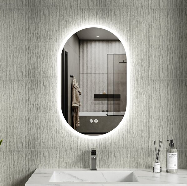 Erga Demi, oválné LED zrcadlo 50x80cm, 3 barvy světla, přední osvětlení, topná podložka proti zapaření, ERG-V01-Demi-5080-CL