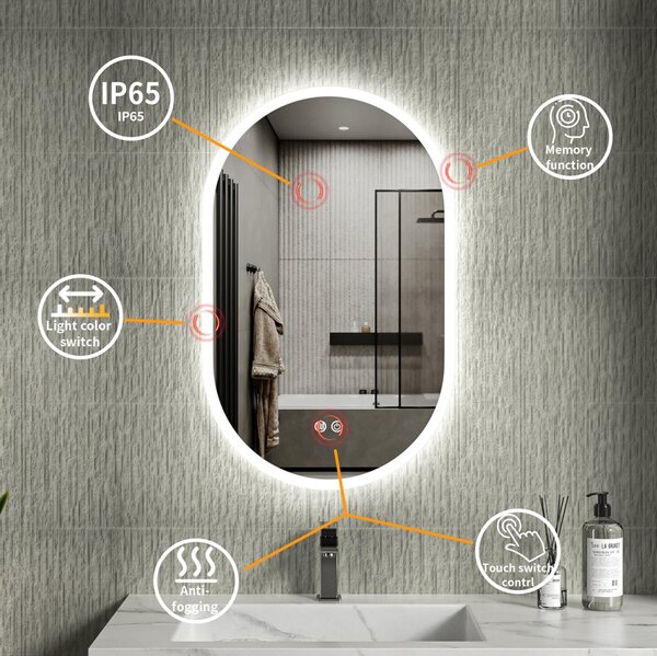 Erga Demi, oválné LED zrcadlo 50x80cm, 3 barvy světla, přední osvětlení, topná podložka proti zapaření, ERG-V01-Demi-5080-CL