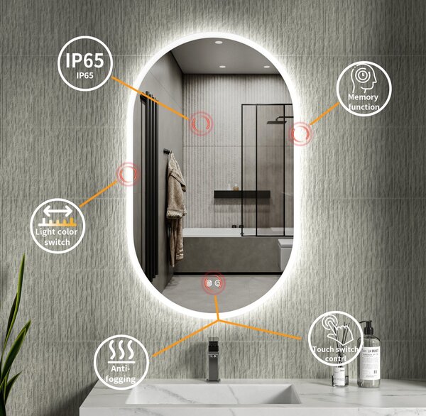 Erga Demi, oválné LED zrcadlo 60x100cm, 3 barvy světla, přední osvětlení, topná podložka proti zapaření, ERG-V01-Demi-6010-CL