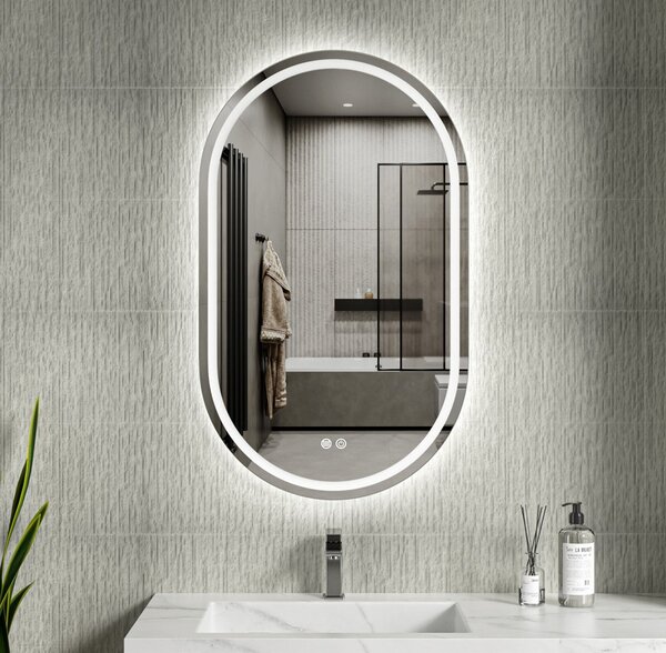 Erga Lyra, oválné LED zrcadlo 60x100cm, 3 barvy světla, přední a zadní osvětlení, vyhřívací podložka proti zapaření, ERG-V01-Lyra-6010-CL