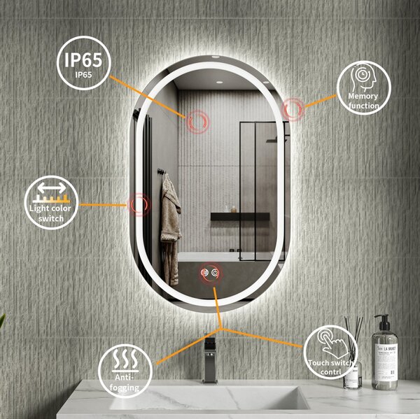 Erga Lyra, oválné LED zrcadlo 50x80cm, 3 barvy světla, přední a zadní osvětlení, vyhřívací podložka proti zapaření, ERG-V01-Lyra-5080-CL