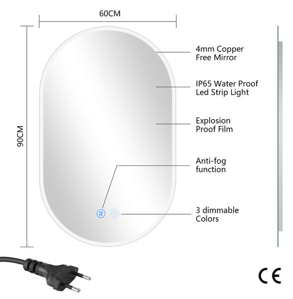 Erga Demi, oválné LED zrcadlo 60x90cm, 3 barvy světla, přední osvětlení, topná podložka proti zapaření, ERG-V01-Demi-6090-CL