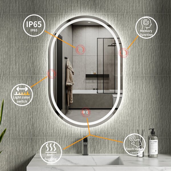 Erga Lyra, oválné LED zrcadlo 60x90cm, 3 barvy světla, přední a zadní osvětlení, vyhřívací podložka proti zapaření, ERG-V01-Lyra-6090-CL