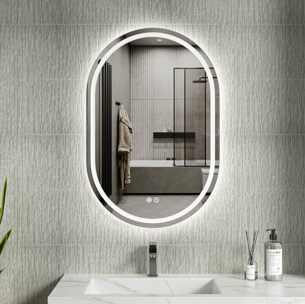 Erga Lyra, oválné LED zrcadlo 60x90cm, 3 barvy světla, přední a zadní osvětlení, vyhřívací podložka proti zapaření, ERG-V01-Lyra-6090-CL