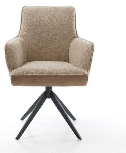 DELIFE Jídelní židle Heira-Flex s područkami mix materiálů tmavě béžová křížová podnož široká černá otočná 360° houpací funkce taštičkové pružiny