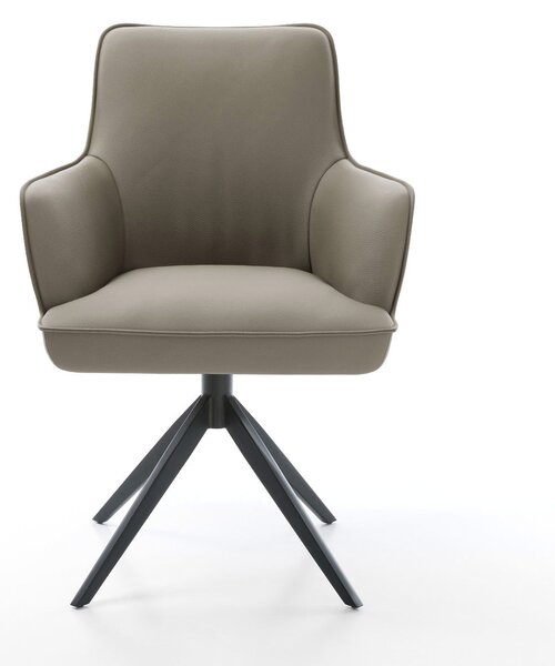DELIFE Jídelní židle Heira-Flex s područkami pravá kůže tmavě béžová křížová podnož široká černá otočná o 360° houpací funkce taštičkové pružiny