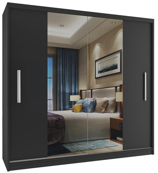 Moderní černá šatní skříň se zrcadlem Mirror economy 200 cm