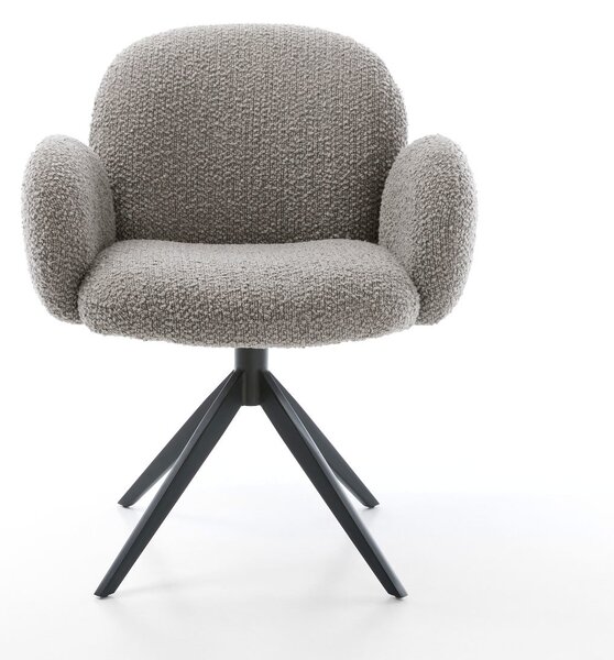 DELIFE Jídelní židle Nube-Flex s područkami bouclé stříbrně šedá křížová podnož široká černá 360° otočná houpací funkce taštičkové pružiny