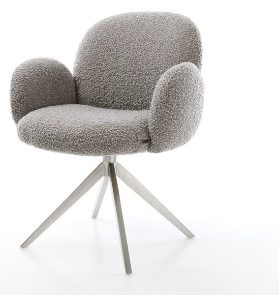 DELIFE Jídelní židle Nube-Flex s područkami bouclé stříbrně šedá široká křížová podnož nerezová ocel 360° otočná houpací funkce taštičkové pružiny