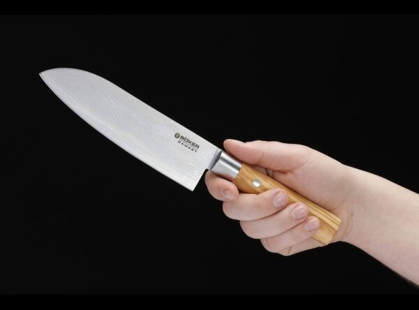 Böker - Damaškový kuchyňský nůž santoku DAMAST OLIVE 17,2 cm olivové dřevo