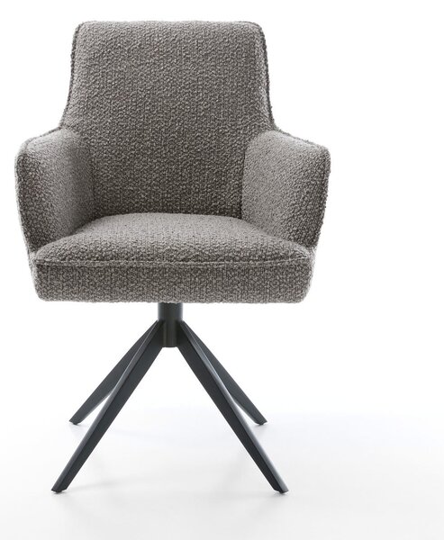 DELIFE Jídelní židle Heira-Flex s područkami bouclé stříbrně šedá křížová podnož široká černá otočná 360° houpací funkce taštičkové pružiny