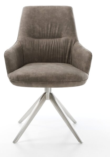 DELIFE Jídelní židle Zelia-Flex s područkami mikrovlákno taupe vintage křížová podnož široká nerezová ocel 360° otočná houpací funkce taštičkové pružiny