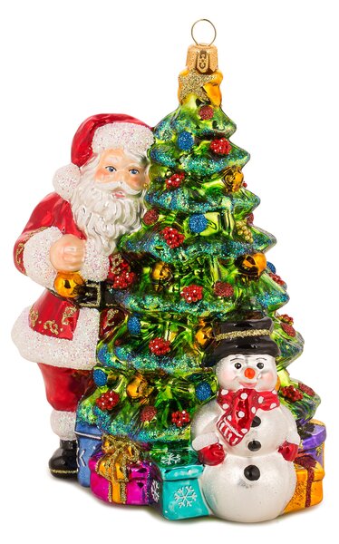 Dům Vánoc Sběratelská skleněná ozdoba na stromeček Santa se sněhulákem u vánočního stromu 18 cm