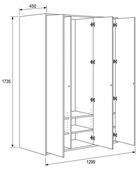 Šatní skříň FRAME, 3 oddíly, 1299 x 450 x 1735 mm, PUSH-lock, šedá