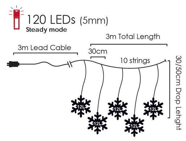 ACA Lighting LED vánoční závěs Sněhové vločky, 3x3m, studená bílá, IP44, 120 LED