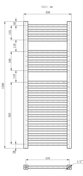Gamma Erga Proper, topné těleso 1200x450 mm, 650W, černá, ERG-LAV-PROP-12045-BK