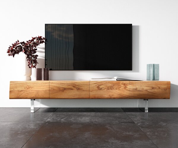 DELIFE TV stolek New Live-Edge 175 cm akácie přírodní 4 dvířka akrylová podnož