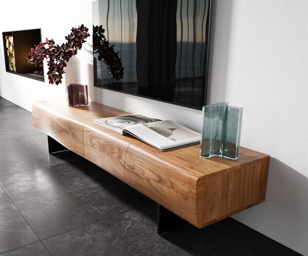 DELIFE TV stolek New Live-Edge 175 cm akácie přírodní 4 dvířka závěsná kov černá
