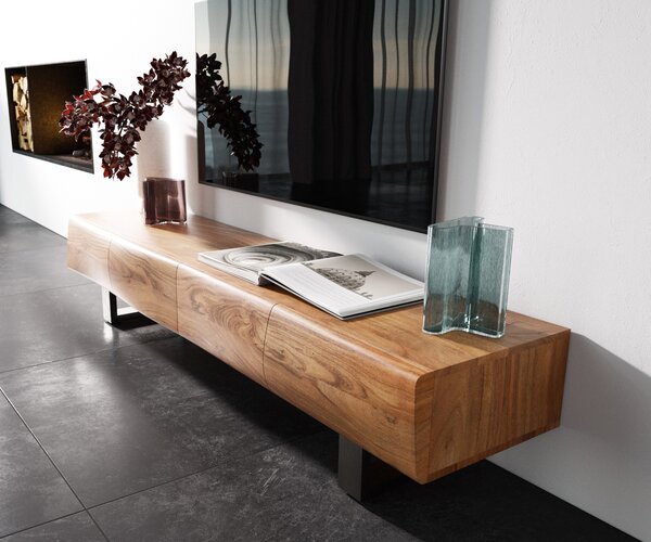 DELIFE TV stolek New Live-Edge 175 cm akácie přírodní 4 dvířka tenká podnož nerezová ocel broušená