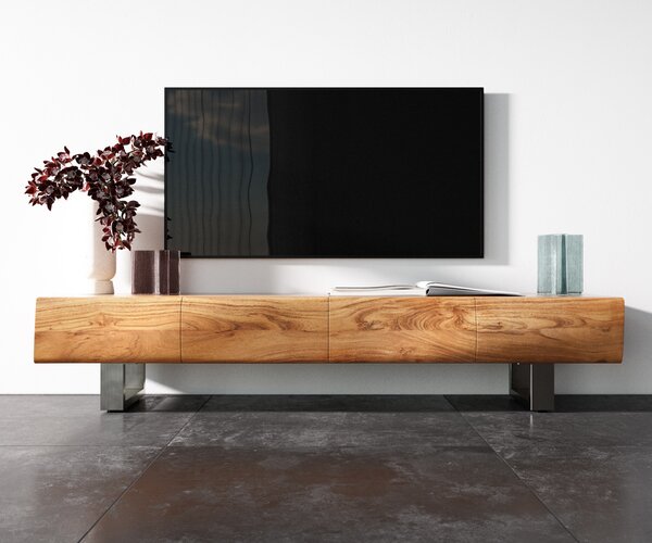 DELIFE TV stolek New Live-Edge 175 cm akácie přírodní 4 dvířka tenká podnož nerezová ocel broušená