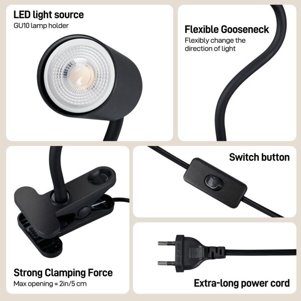 Immax NEO 08293L - Flexibilní lampa s klipem PUNTO 1xGU10/9W/230V černá