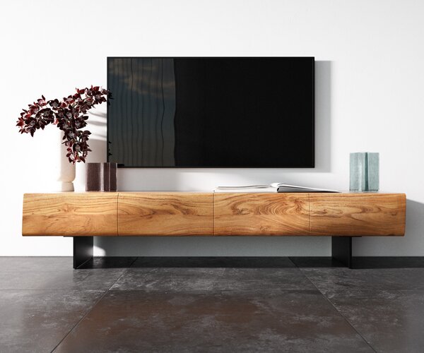 DELIFE TV stolek New Live-Edge 175 cm akácie přírodní 4 dvířka závěsná kov černá