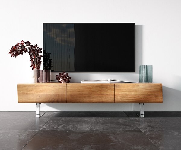 DELIFE TV stolek New Live-Edge 145 cm akácie přírodní 3 dvířka akrylová podnož