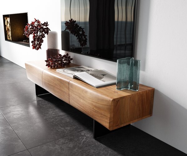 DELIFE TV stolek New Live-Edge 145 cm akácie přírodní 3 dvířka závěsná kov černá