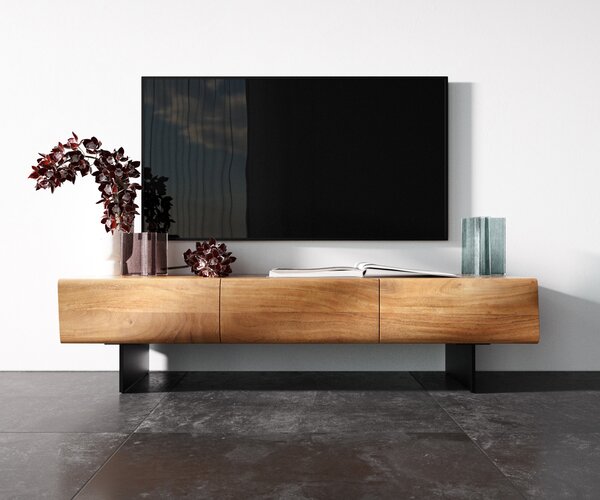 DELIFE TV stolek New Live-Edge 145 cm akácie přírodní 3 dvířka závěsná kov černá