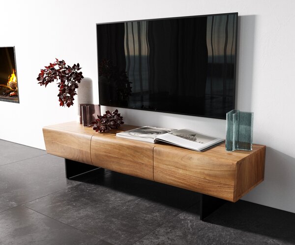 DELIFE TV stolek New Live-Edge 145 cm akácie přírodní 3 dvířka závěsná kov černá