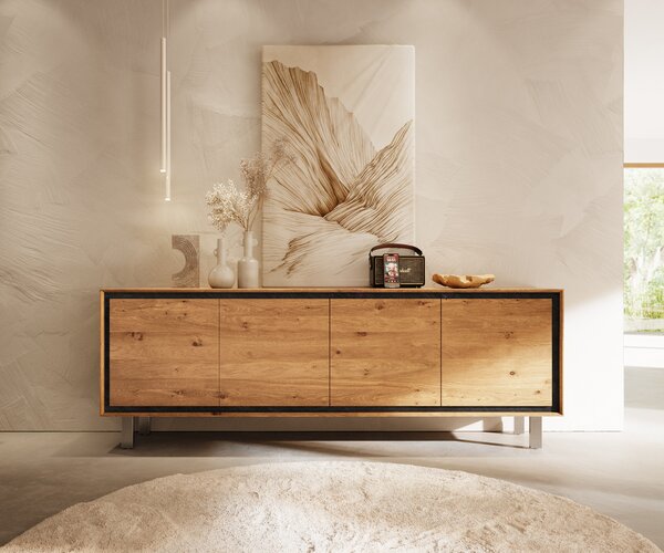 DELIFE Komoda Stonegrace 200 cm dub přírodní 4 dvířka noha čtvercová nerezová ocel kartáčovaná