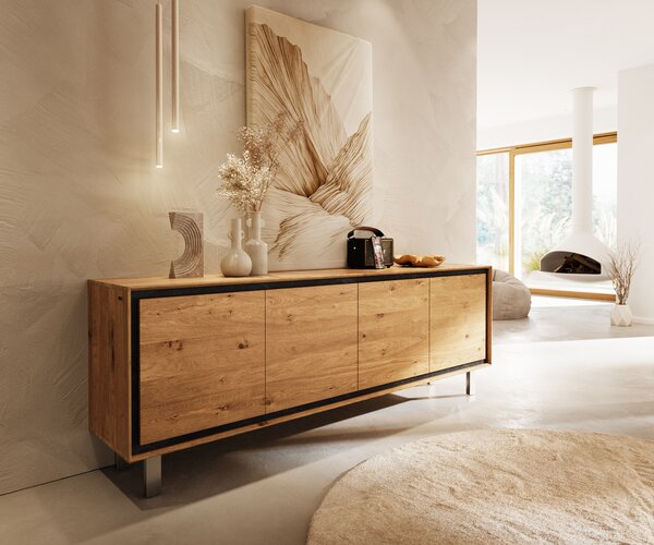 DELIFE Komoda Stonegrace 200 cm dub přírodní 4 dvířka noha čtvercová nerezová ocel kartáčovaná