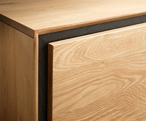 DELIFE Komoda Stonegrace 200 cm dub přírodní 4 dvířka kamenná dýha podnož ve tvaru V nerezová ocel