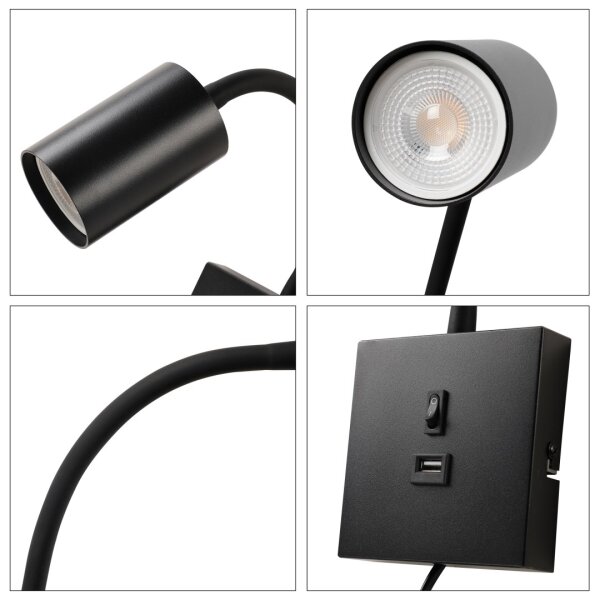 Immax NEO 08295L - Nástěnná lampa s USB PUNTO 1xGU10/9W/230V černá