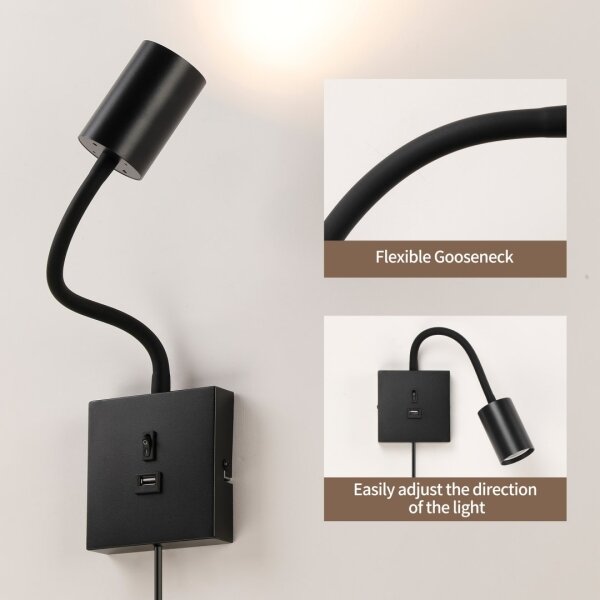Immax NEO 08295L - Nástěnná lampa s USB PUNTO 1xGU10/9W/230V černá
