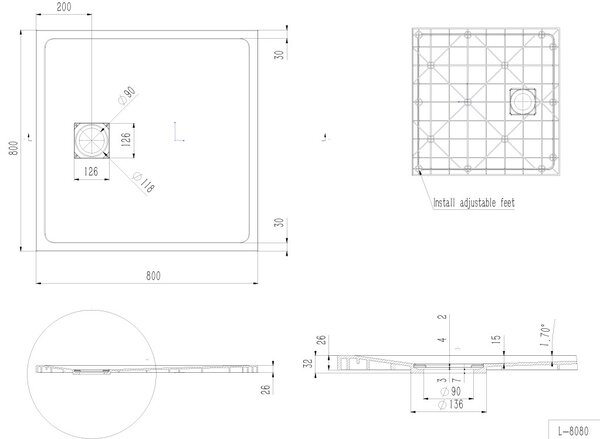 Erga Hyper, SMC sprchová vanička 80x80x2, 6 cm + sifon, šedá matná, ERG-V06-SMC-8080S-GR