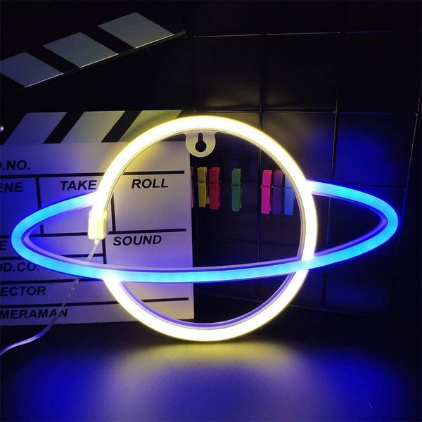 ACA Lighting Neonová lampička - Saturn, 3x AA baterie/USB kabel, IP20, modrá + žlutá barva