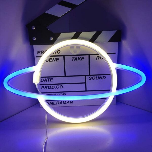 ACA Lighting Neonová lampička - Saturn, 3x AA baterie/USB kabel, IP20, modrá + žlutá barva