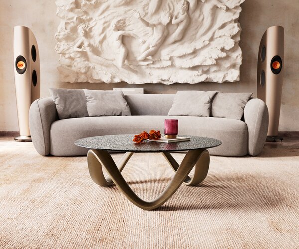 DELIFE Konferenční stolek Tanju 90x90 cm kov zlatý s reliéfním sklem taupe
