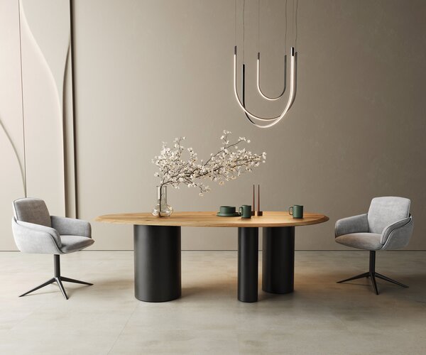 DELIFE Jídelní stůl Edge oválný 220x120x2,5 dub přírodní Troa kov černý Flow-Edge