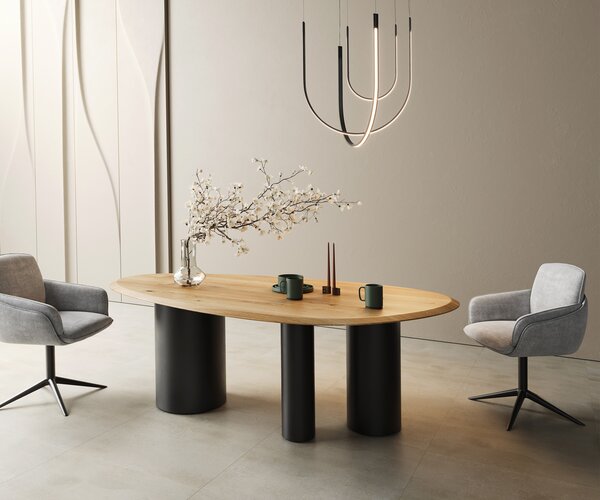 DELIFE Jídelní stůl Edge oválný 220x120x2,5 dub přírodní Troa kov černý Flow-Edge