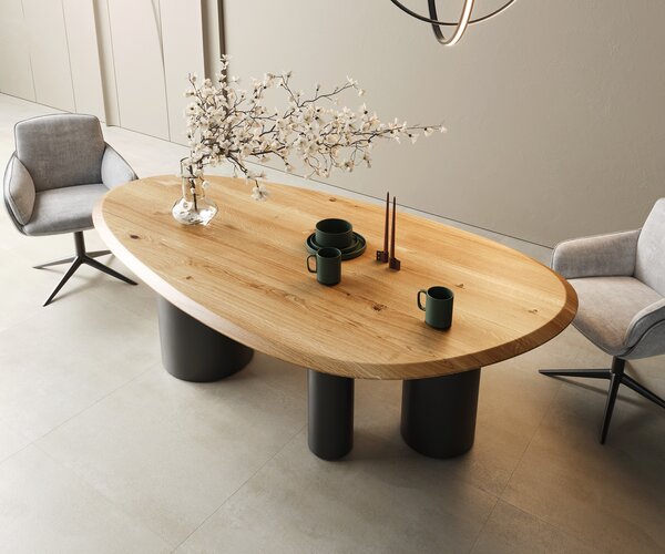 DELIFE Jídelní stůl Edge oválný 220x120x2,5 dub přírodní Troa kov černý Flow-Edge
