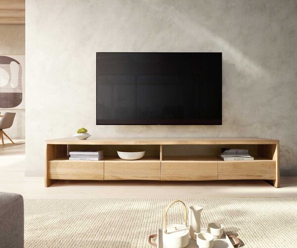 DELIFE TV stolek Live-Edge 230 cm dub přírodní 4 zásuvky masivní přírodní hrana