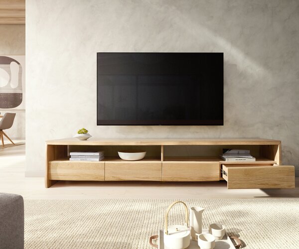 DELIFE TV stolek Live-Edge 230 cm dub přírodní 4 zásuvky masivní přírodní hrana